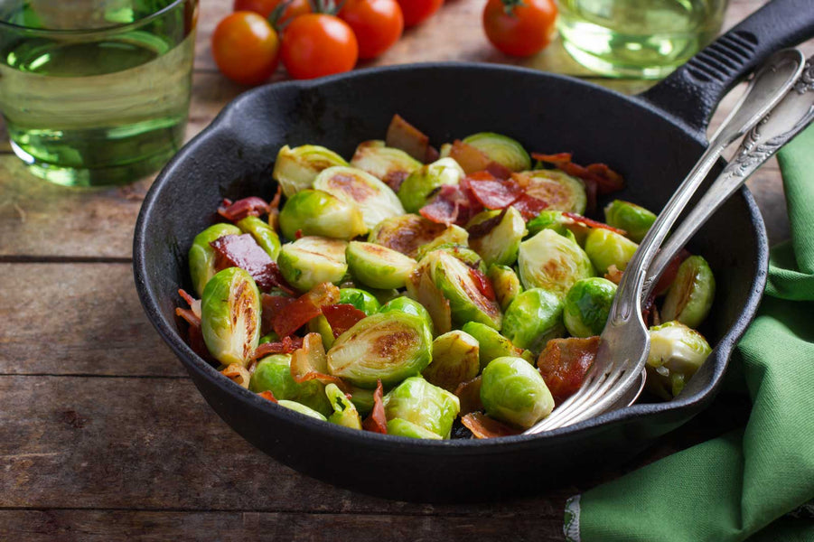 Brussels Sprouts with Onion, Bacon and Garlic Infused Olive Oil